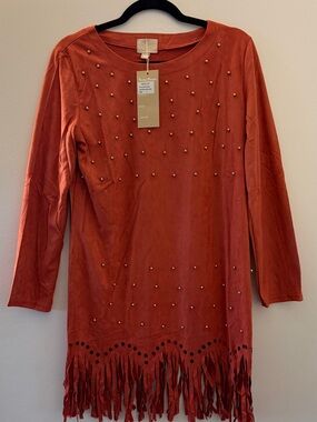 Neslay Boho Faux Suede Fringe Studded Western Dress - Size S, M, L
